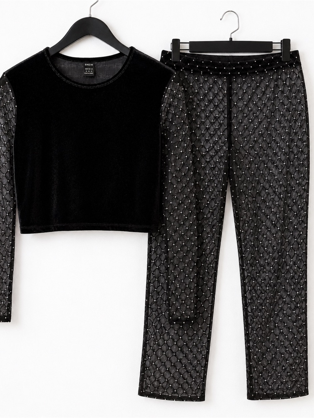 SHEIN Black Velvet Rhinestone Mesh 2 Piece Set Top & Pants XL